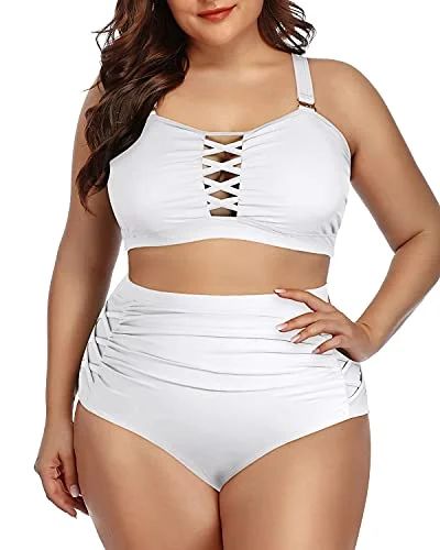 Two Piece Push Up Padded Ruched Bikini For Plus Size Women-White