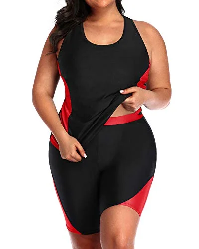 Racerback Plus Size Tankini Tummy Control And Boyshorts-Black And Red