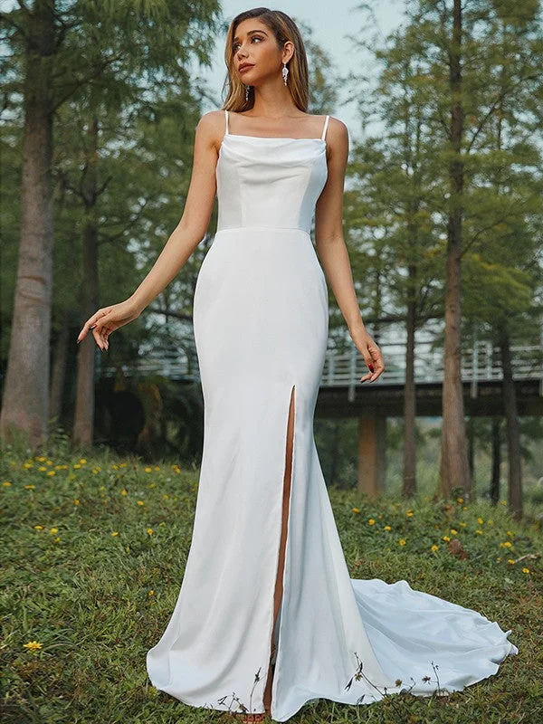 Sheath/Column Ruched Spaghetti Straps Sleeveless Sweep/Brush Train Wedding Dresses