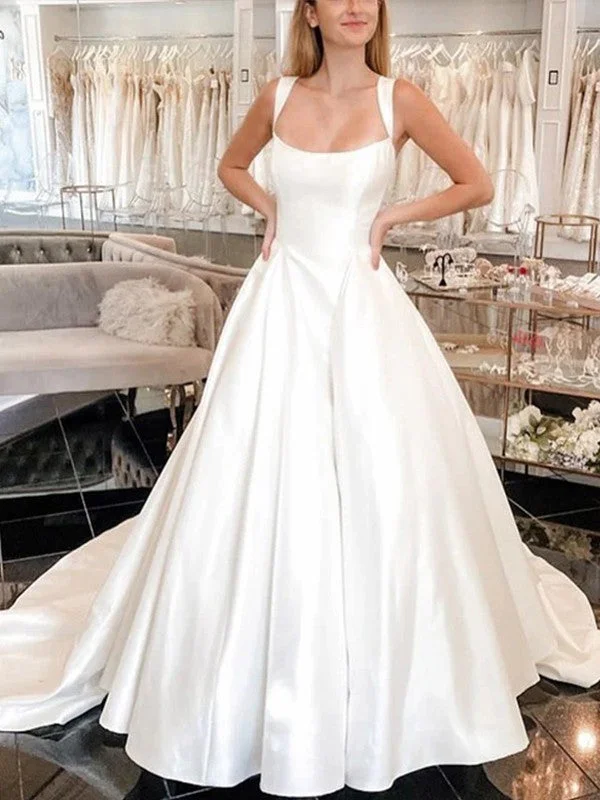 Ball Dress Satin Ruffle Edge Shoulder Straps Sleeveless and Floor Length Wedding Dress