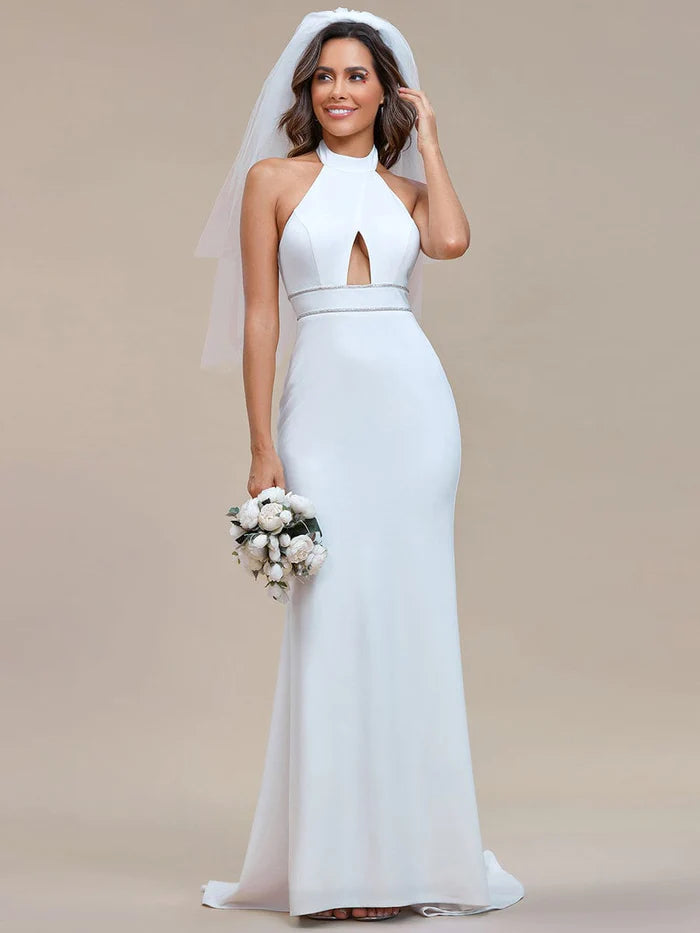 Halter Hollow Out Sleeveless Waist Detail Mermaid Wedding Dress