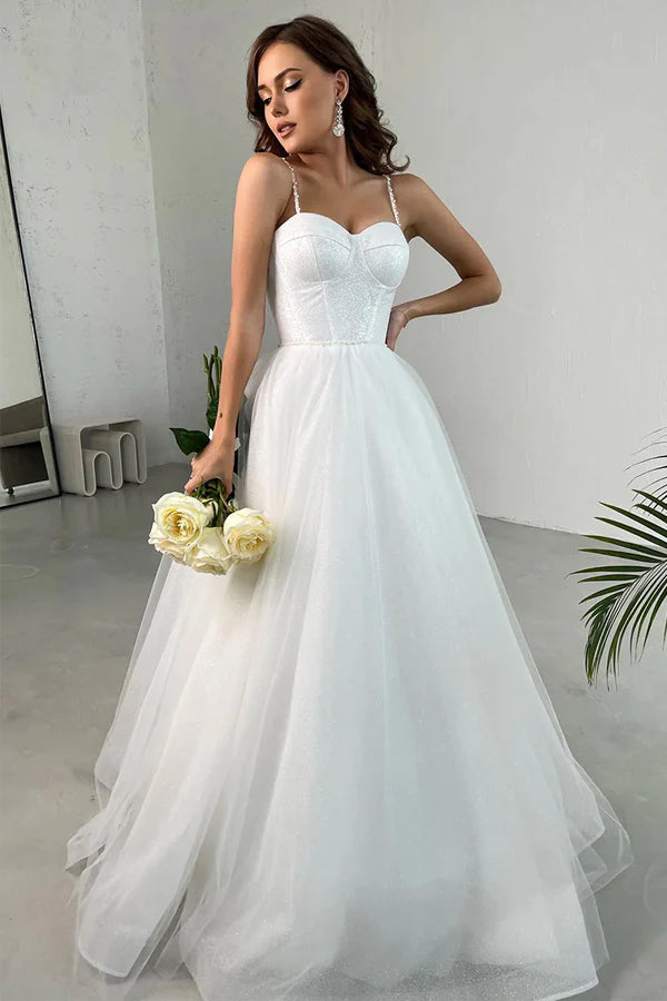 Elegant A-line spaghetti strap with sweet chiffon and ground length wedding dress