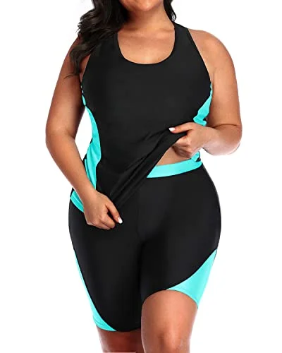 Plus Size Racerback Swimsuit Tummy Control And Boyshorts-Black