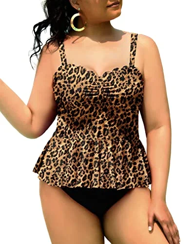 Women Plus Size 2 Piece Tankini Swimsuits Tummy Control Bathing Suits-Black And Leopard