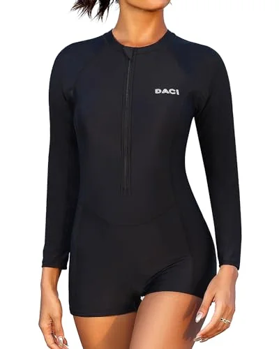 Women Long Sleeve Rash Guard One Piece Boyleg Swimsuit Zipper Surfing Swimwear UPF 50+