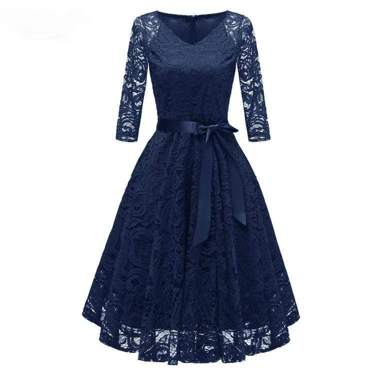 Women's Vintage Lace Party Dresses Bridesmaid Dresses with Bow Belt Wedding Dress