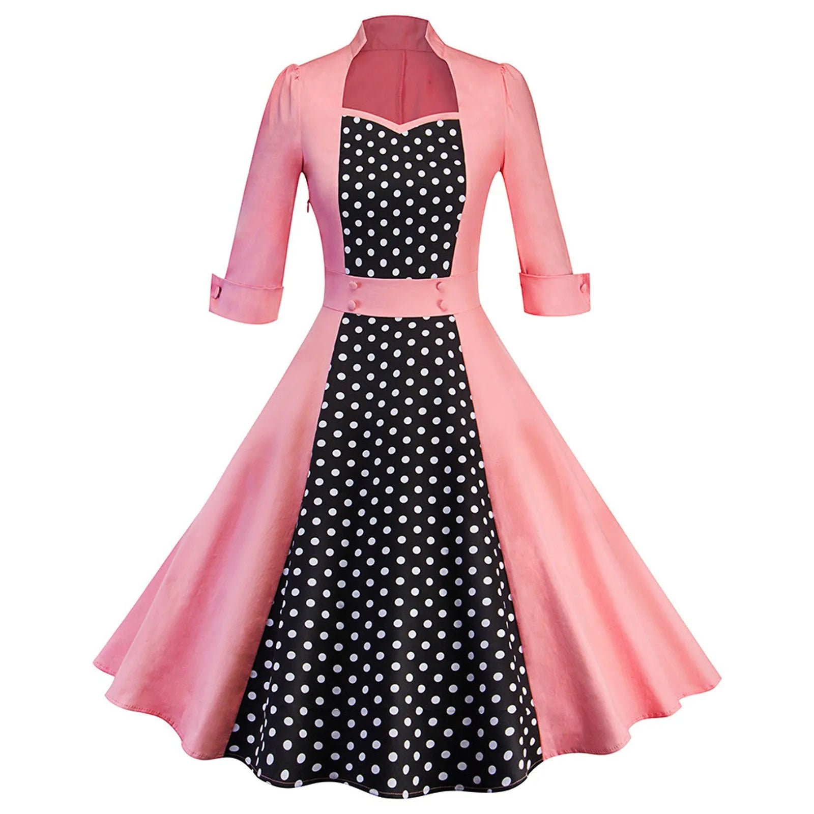 JuliaFashion - Women Robe Retro Vintage Casual Polka Dot Stitching 50s 60s Rockabilly Swing Pin Up Elegant Tunic Party Dress