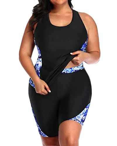 Women Scoop Neck Plus Size Racerback Tankini Set Boyshorts-Black And Geometry