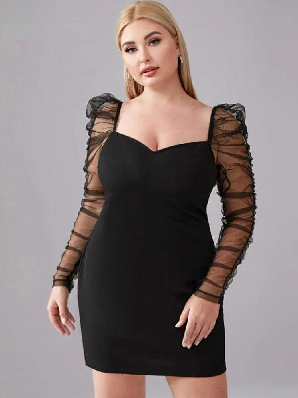 JuliaFashion-Mesh Long Sleeve Bodycon Curvy Party Dress