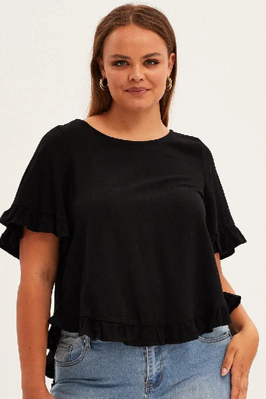 Black Linen Shell Top Short Sleeveruffle