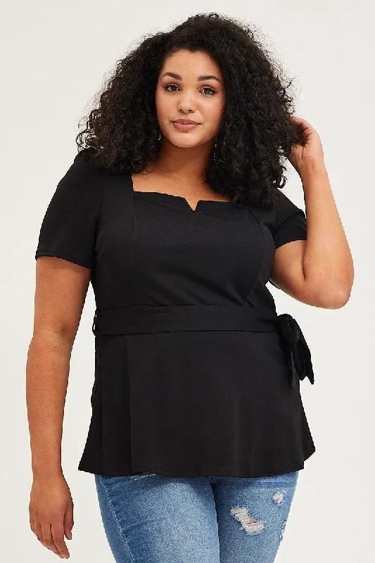 Black Short Sleeve Black Peplum Top