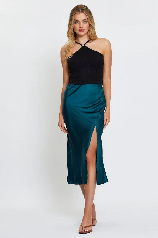 Blue Front Slit Slip Midi Skirt