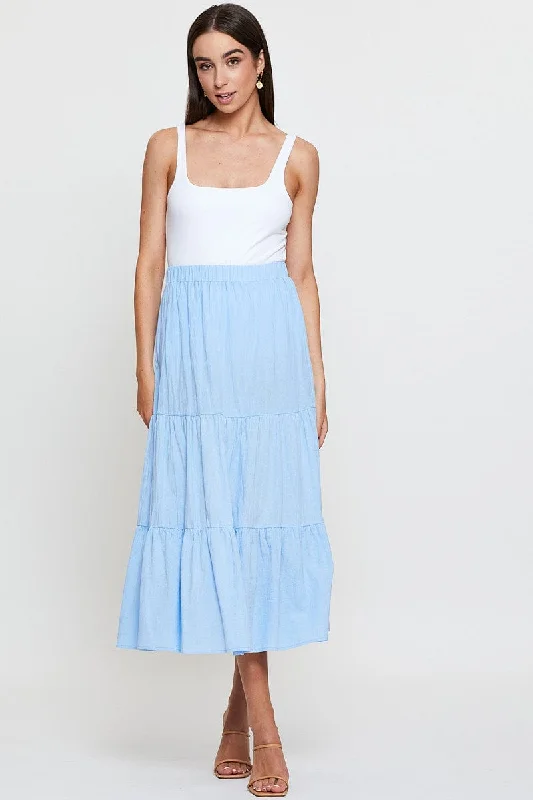 Blue Midi Skirt High Rise Tiered