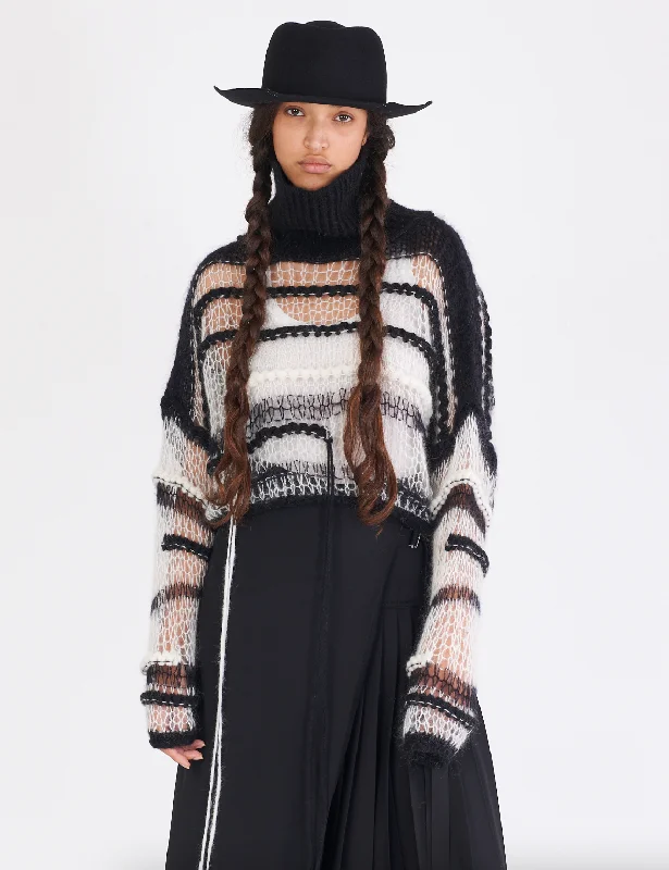 Boxy Turtleneck Mesh Sweater - Black White