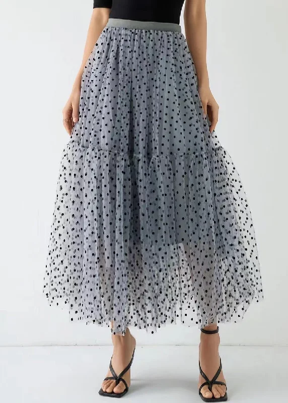 Chic Grey Dot Wrinkled Patchwork Elastic Waist Tulle Skirt Spring