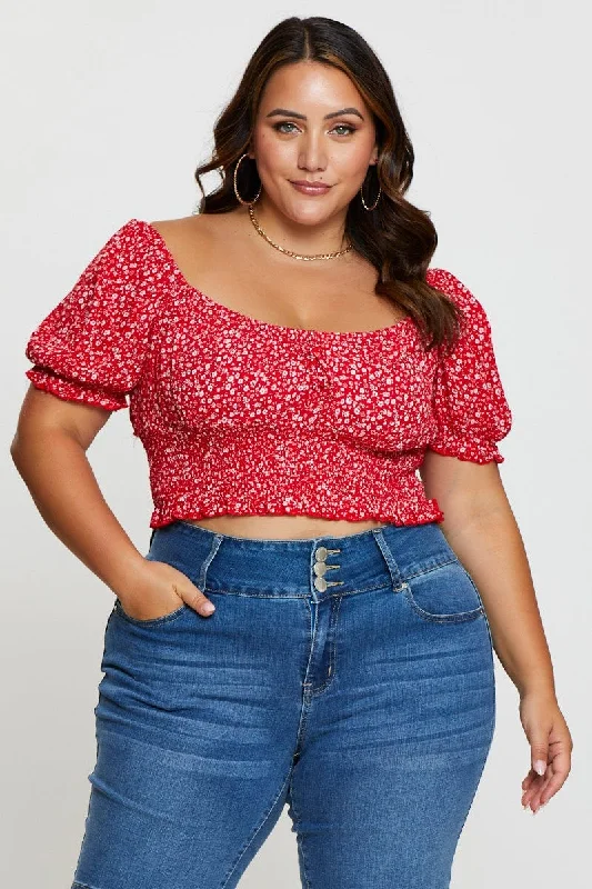 Floral Print Crop Top Short Sleeve Shirred