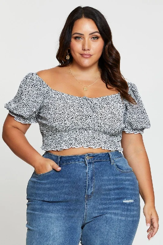 Geo Print Crop Top Short Sleeve Shirred