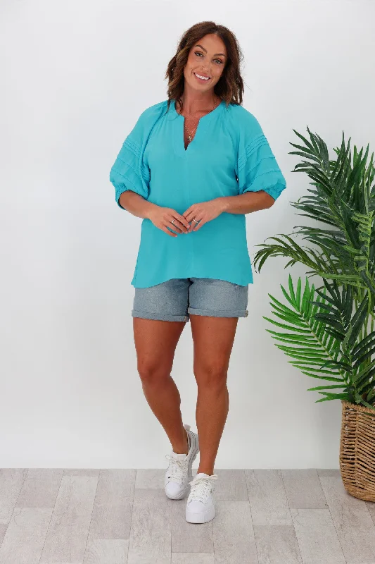 Gloss by Shine On Zita Pleated Sleeve Top Turquoise