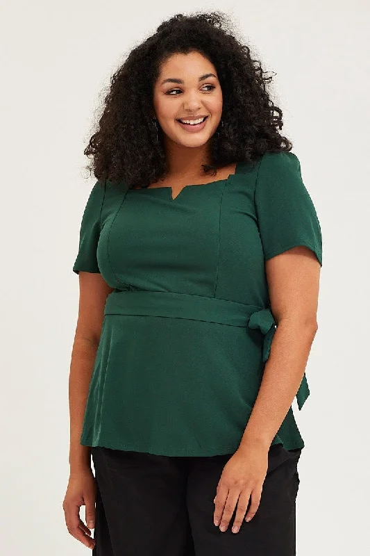 Green Short Sleeve Hunter Green Peplum Top