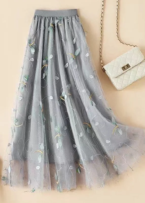 Italian Grey Embroidered Wrinkled Elastic Waist Tulle Skirts Spring