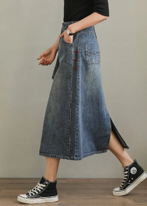 New Denim Blue Pockets Side Open High Waist Denim Skirt Summer