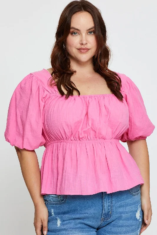 Pink Peplum Top Square Neck Short Sleeve