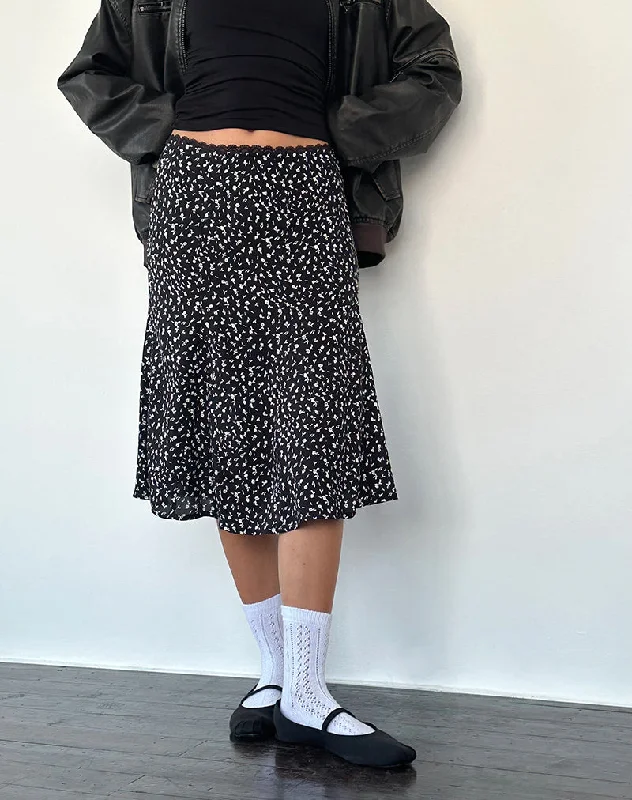 Rahyu Midi Skirt in Black Ditsy Romance