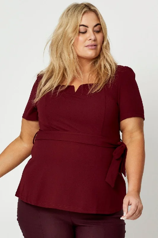 Red Peplum Top Notched Neck Short Sleeve