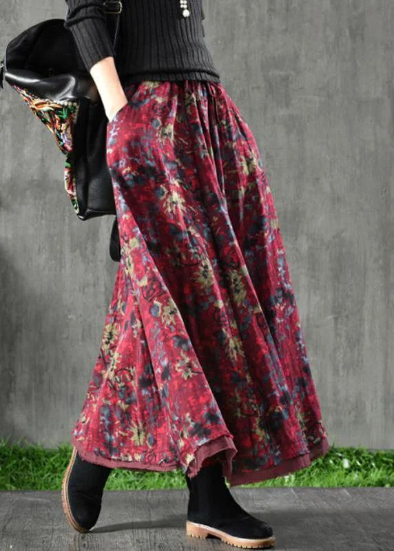 Women Velour Red Floral Maxi Skirt