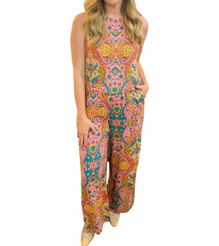 Paisley Print Wide Leg Pants In Coral