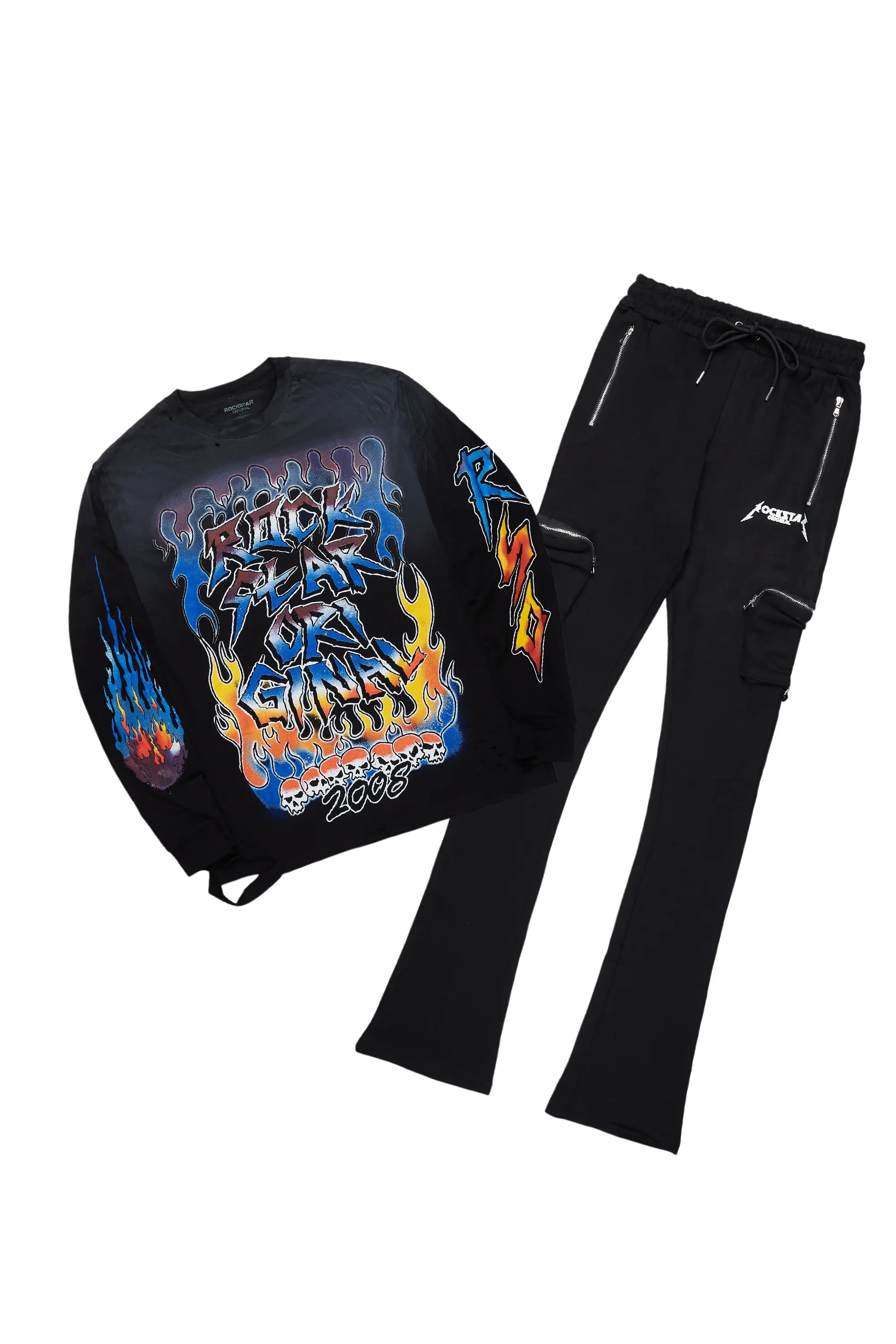 Ebbe Black Long Sleeve T-Shirt & Colin Stacked Flare Track Set