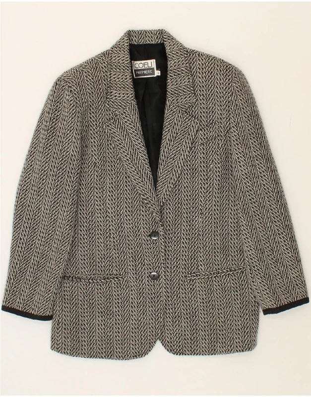 VINTAGE Womens 2 Button Blazer Jacket IT 44 Medium Grey Chevron Wool