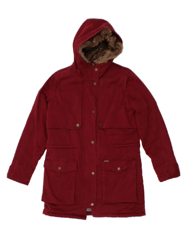 BILLABONG Womens Hooded Overcoat UK 14 Medium Red Cotton