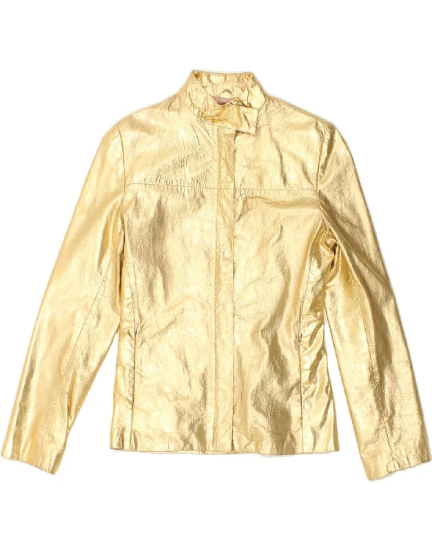 CALVIN KLEIN Womens Leather Jacket UK 12 Medium Gold Leather