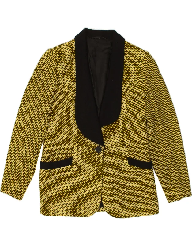 VINTAGE Womens 1 Button Blazer Jacket UK 12 Medium Yellow Chevron