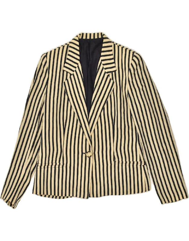 VINTAGE Womens 1 Button Blazer Jacket UK 14 Medium Beige Striped Nautical