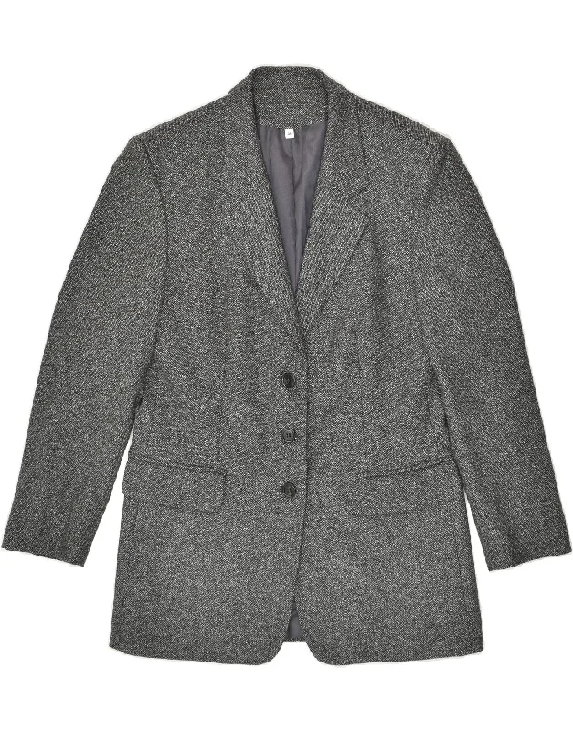 VINTAGE Womens 3 Button Blazer Jacket IT 46 Large Grey Herringbone Wool