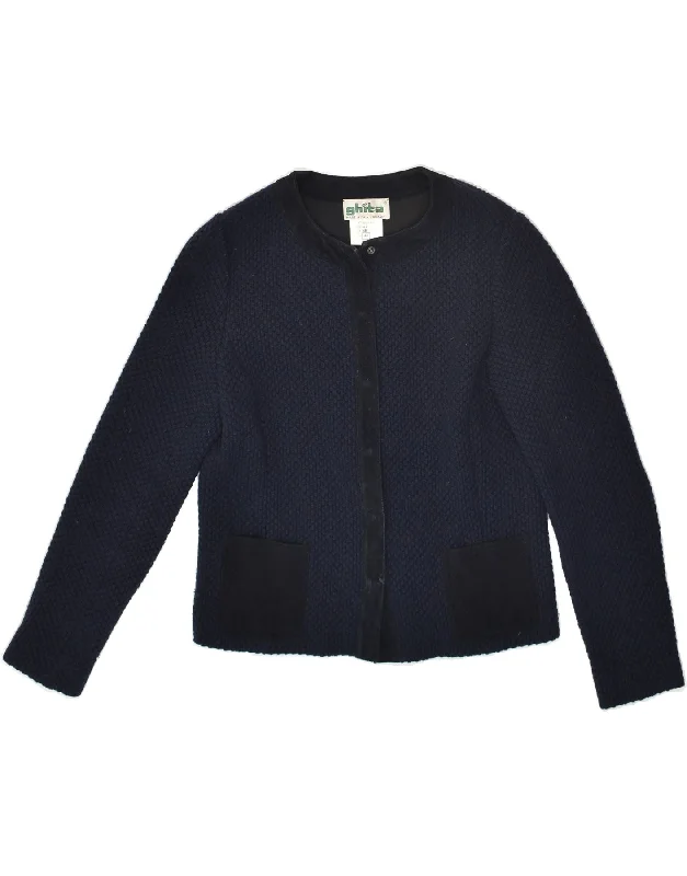 VINTAGE Womens Knit Blazer Jacket IT 44 Medium Navy Blue Wool