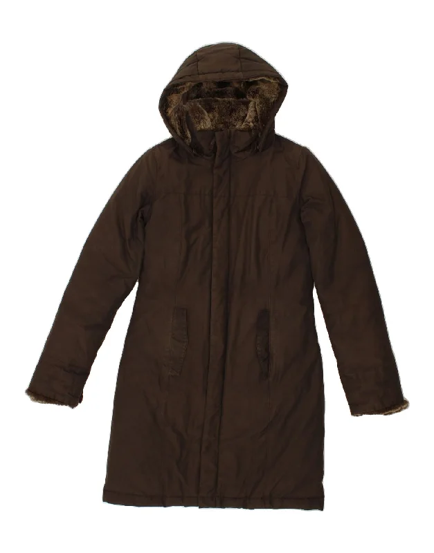 WOOLRICH Womens Hooded Overcoat UK 10 Small Brown Polyester