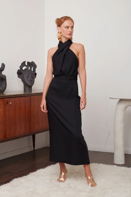 CELIA black X neck midi party dress