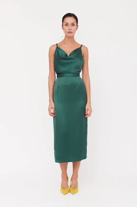 KAMEA Deep Green Satin Cowl Neck Midi Dress