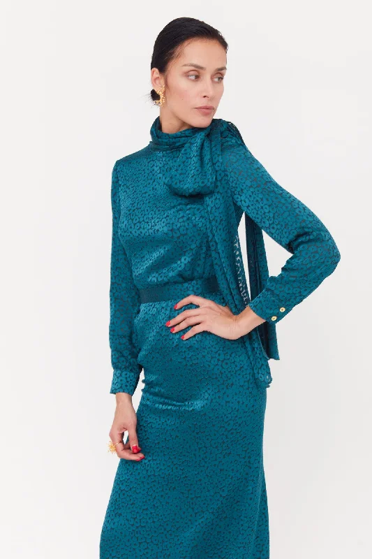 MONE Teal Blue Jacquard Fabric Midi Dress With Ribbon on Shoulder