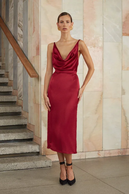 KAMEA Red Satin Cocktail Midi Dress