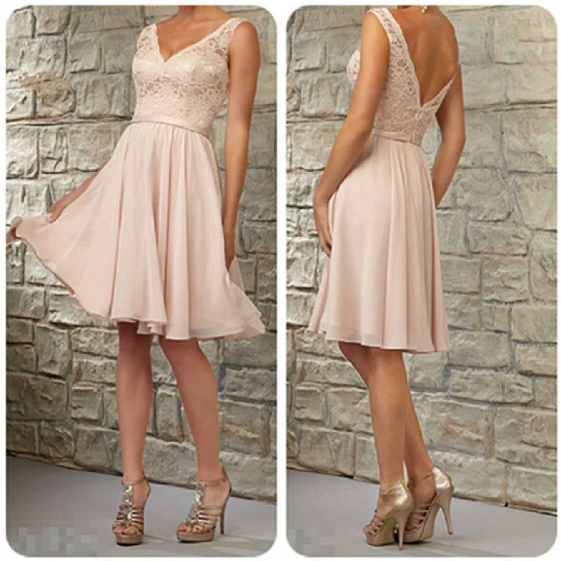 Short Lace Top Off Shoulder V-Neck Knee-Length Blush Pink Midi Bridesmaid Dress, WG06