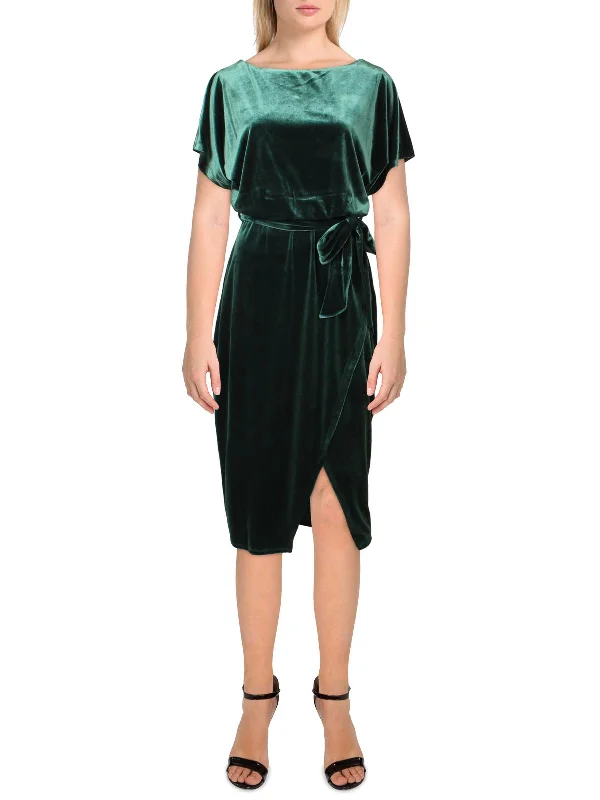 Womens Velvet Boatneck Midi Dress