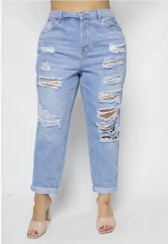 Distressed Elastic Mom Jeans - Plus In Light Wash