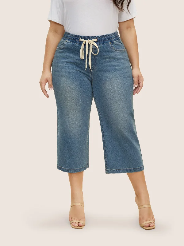 Light Wash Drawstring Cropped Wide Leg Jeans