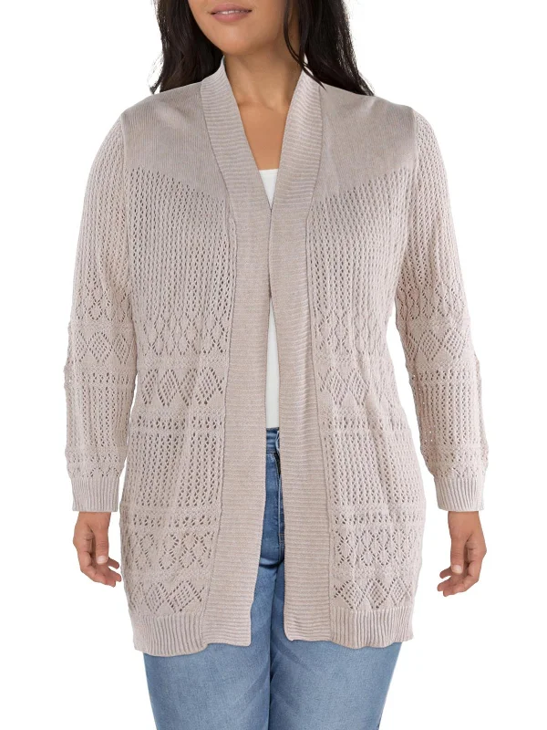 Plus Womens Crochet Eyelet Cardigan Sweater