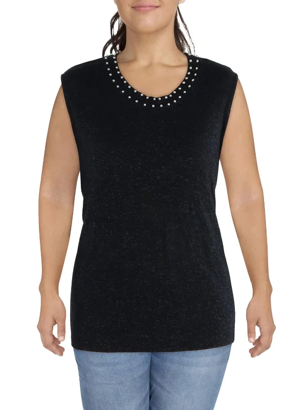 Plus Womens Jewel Neck Beaded Tank Top Sweater