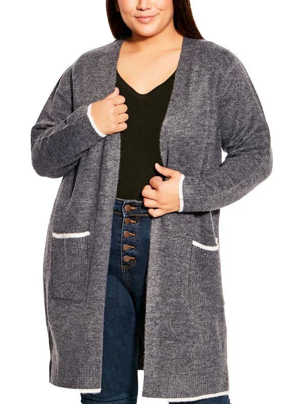 Plus   Womens Open Front Ribbed Trim Cardigan Sweater